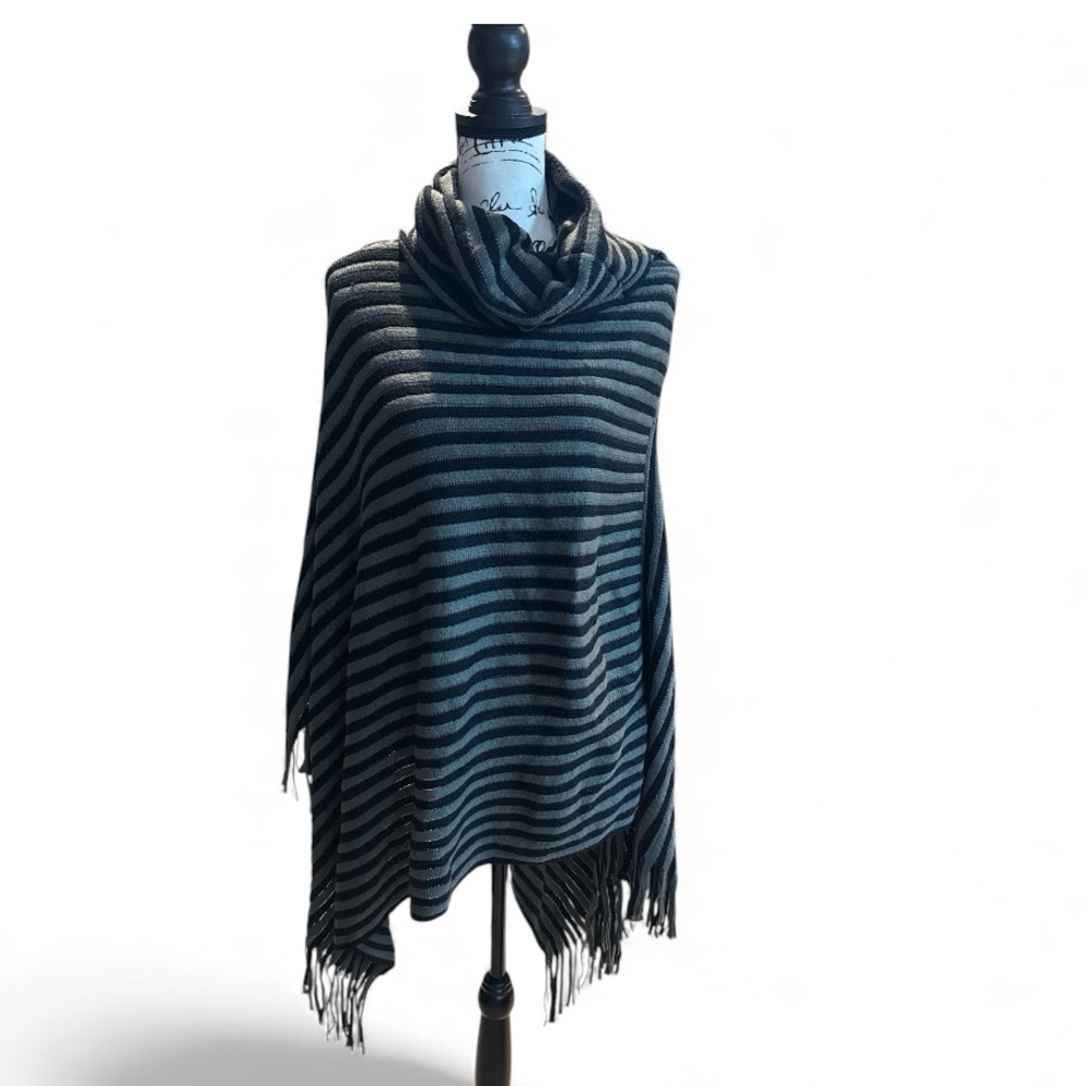 Unbranded Women’s Asymmetrical Boho striped fringe poncho black/gray fits most